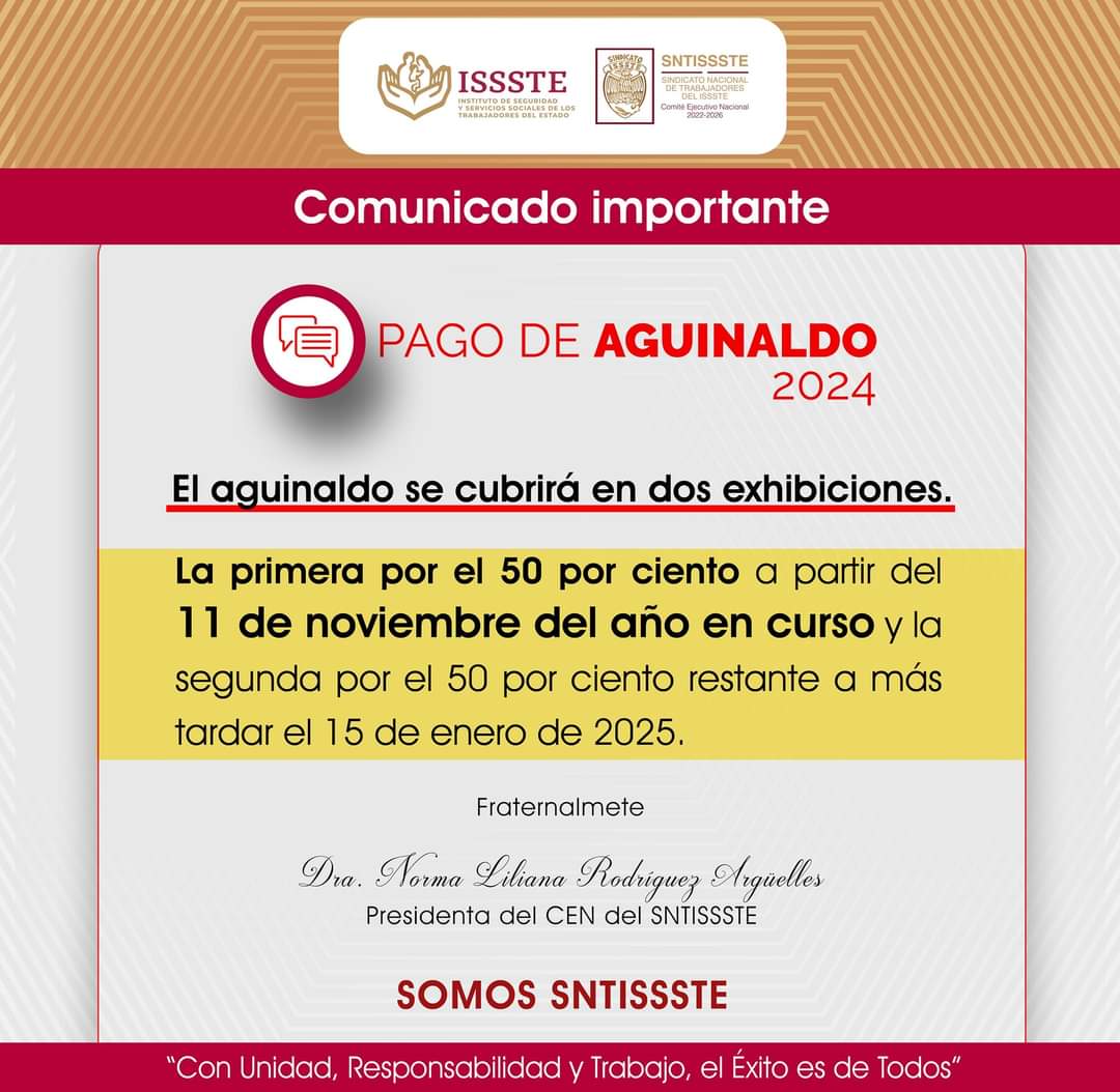 Importante: Pago de Aguinaldo 2024 para Trabajadores del ISSSTE ...